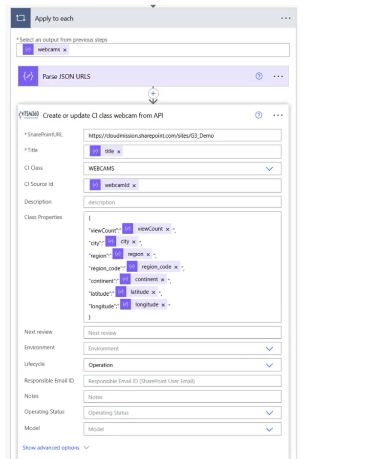The ITSM360 connector creating or updating a CI from an external API.