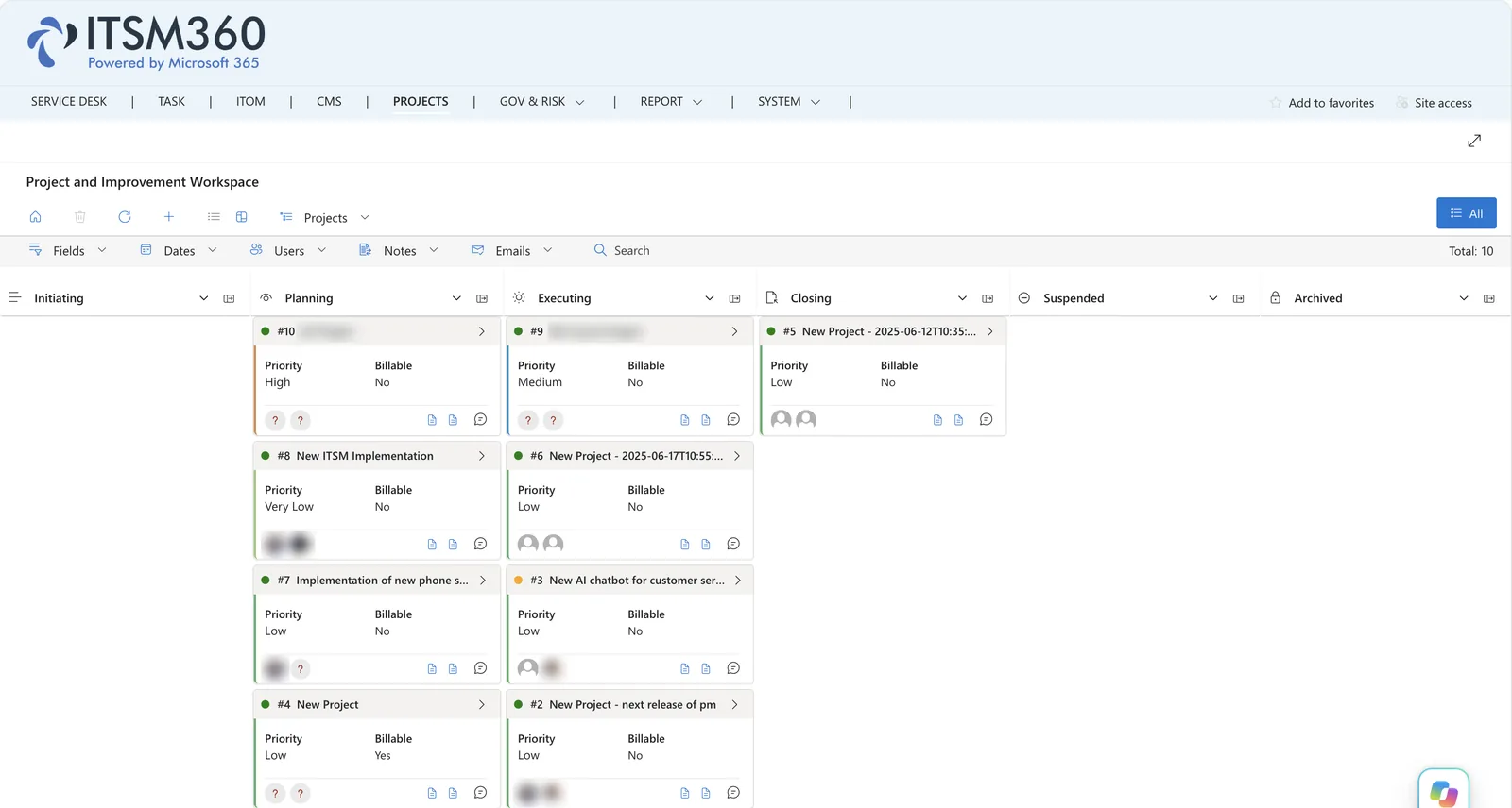 Die Projects-App als Kanban-Board, mit Projekten pro Phase