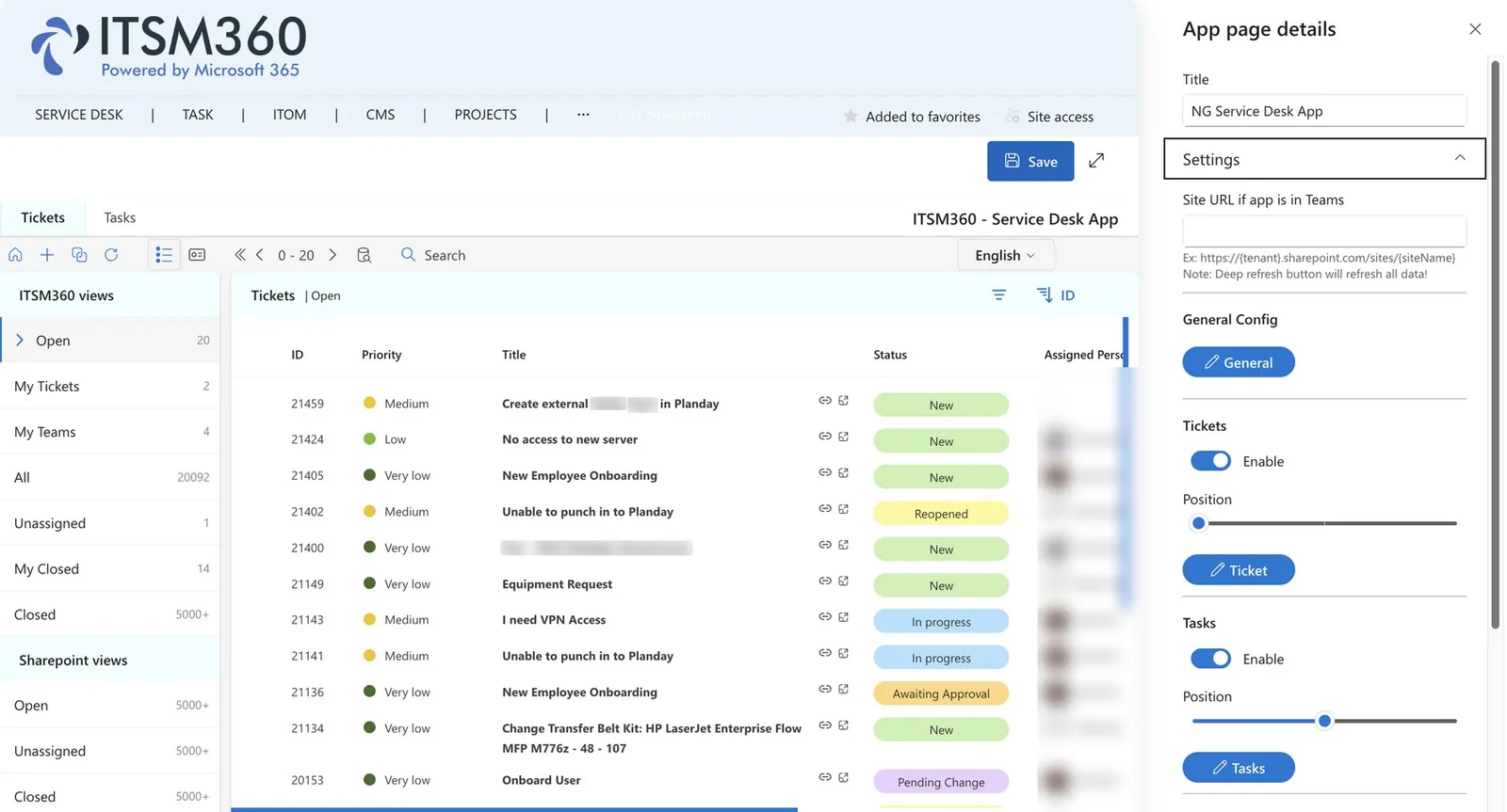 The G4 Service Desk app with views per team and agent, and the settings panel open